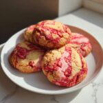 Close-up of Valentine's Day Swirl Cookies on a white plate, showing the red and pink swirl.