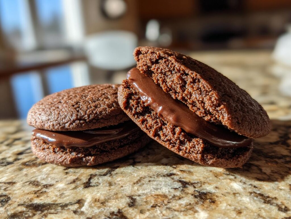 Close-up of two decadent Valentine's ganache cookies with rich chocolate filling.