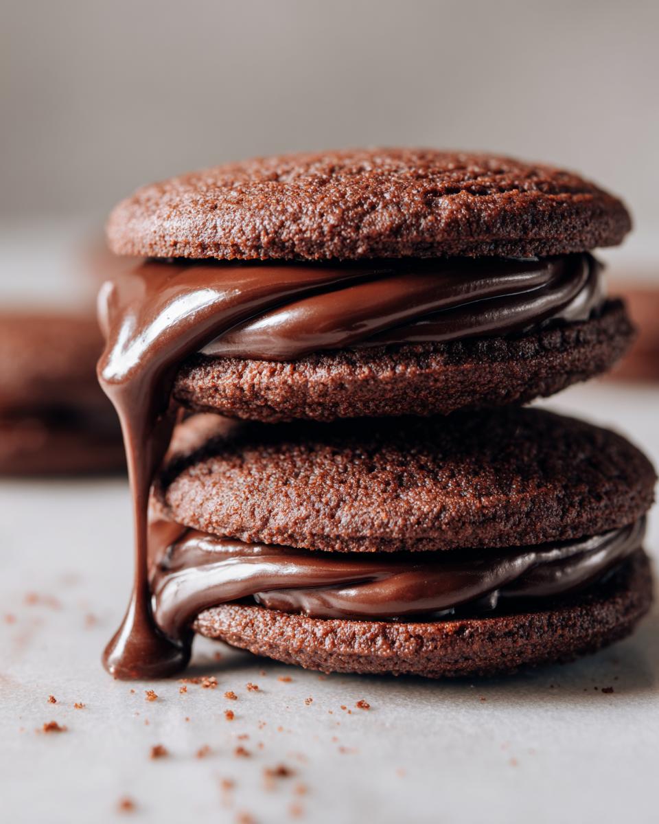 Close-up of two Valentine's ganache cookies with rich chocolate ganache filling and dripping down the side.